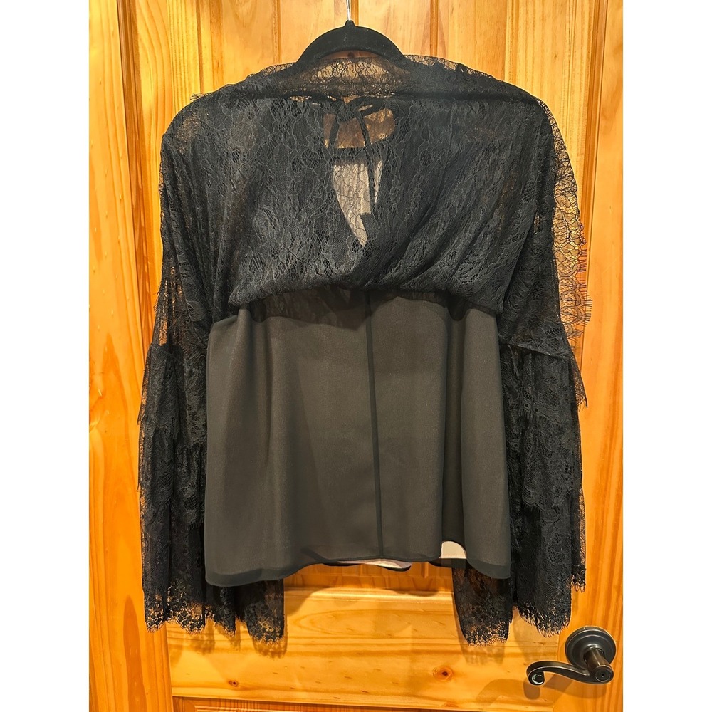 Alice + Olivia Delia Ruffle Tunic Blouse Black Floral Lace Womens L NWT - Picture 8 of 10